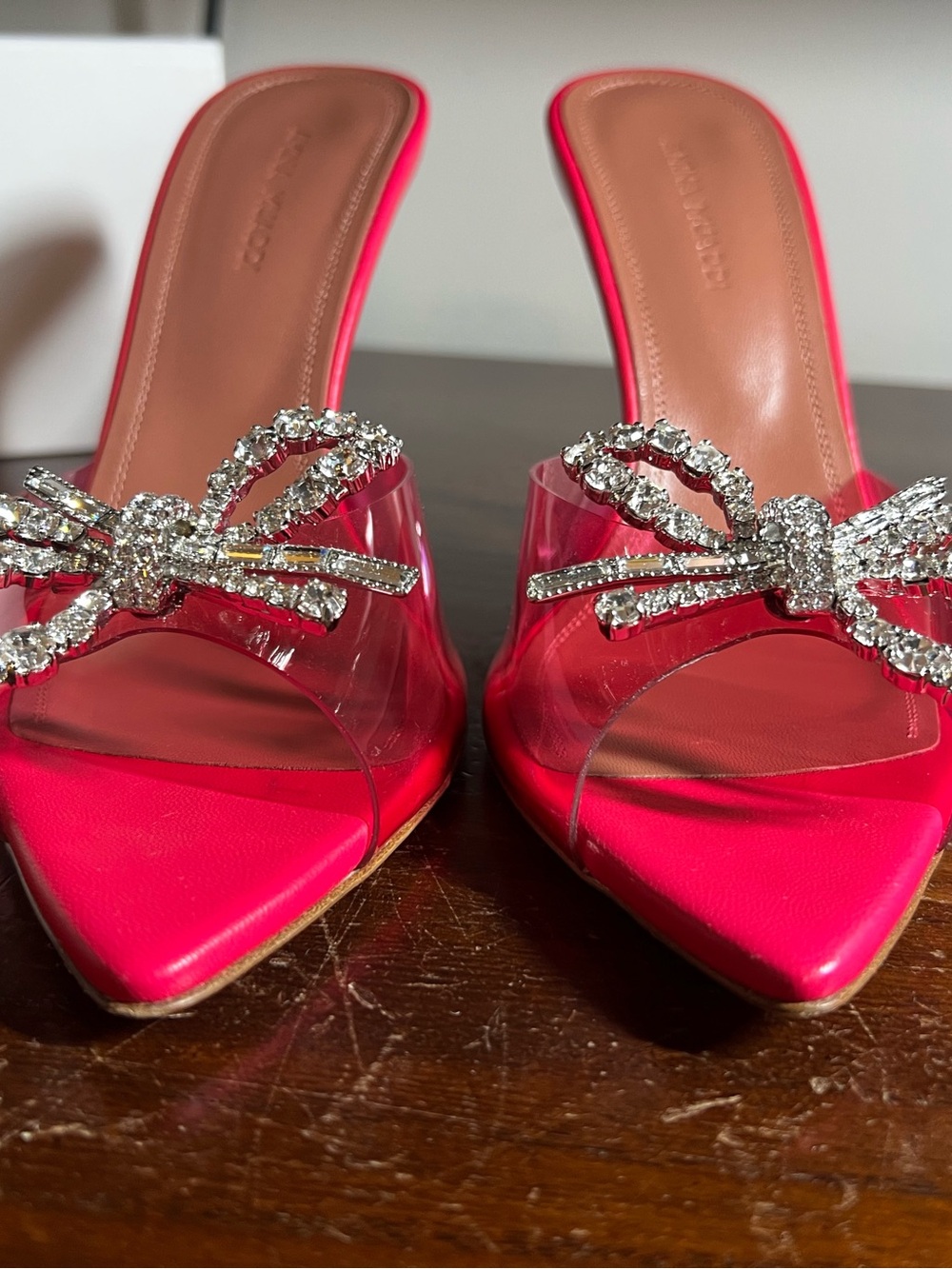 Amina Muaddi Hot Pink Crystal Bow PVC Mules - Picture 8 of 10